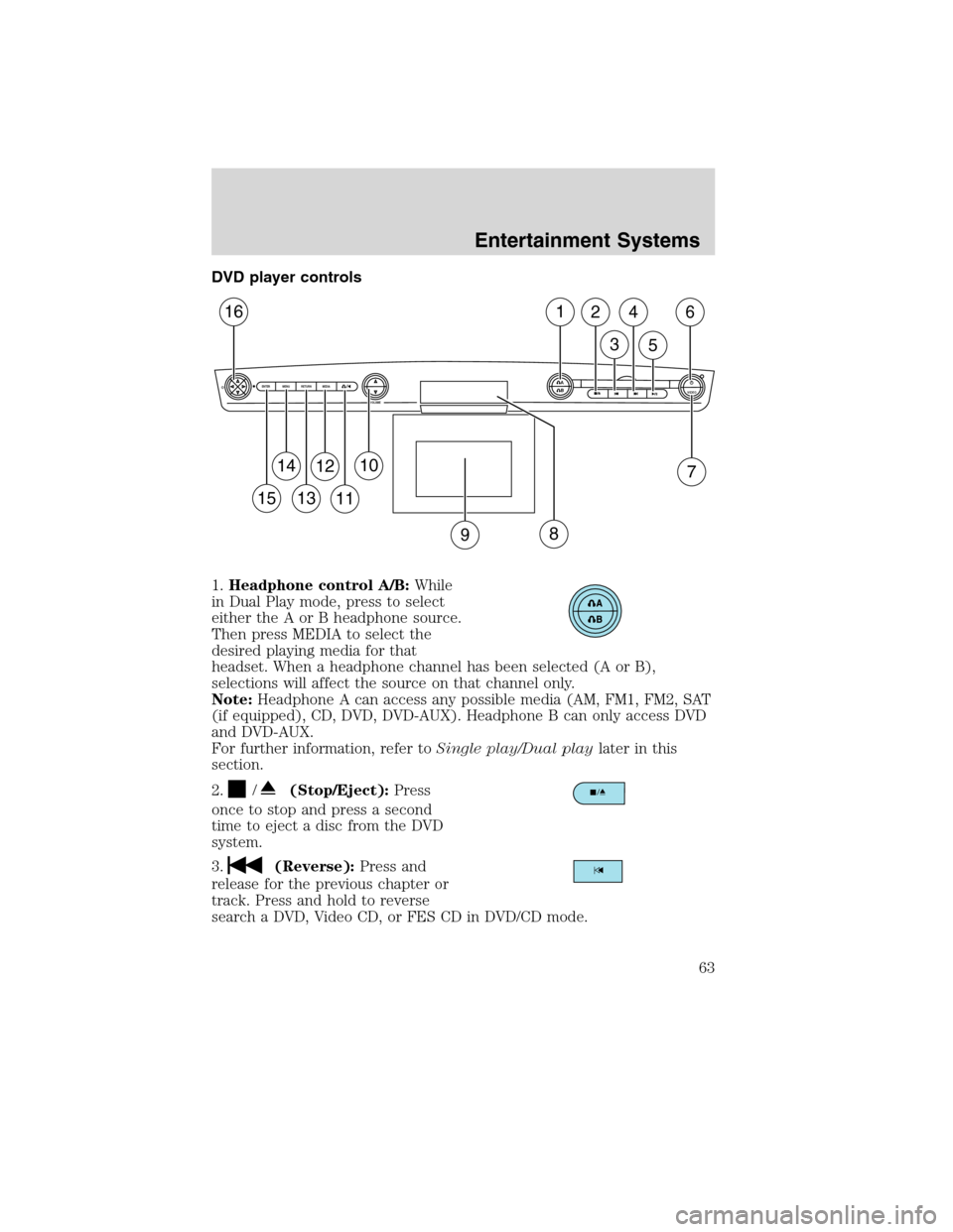 Mercury Mountaineer 2010 s Repair Manual DVD player controls
1.Headphone control A/B:While
in Dual Play mode, press to select
either the A or B headphone source.
Then press MEDIA to select the
desired playing media for that
headset. When a h Mercury Mountaineer 2010 s Repair Manual DVD player controls
1.Headphone control A/B:While
in Dual Play mode, press to select
either the A or B headphone source.
Then press MEDIA to select the
desired playing media for that
headset. When a h