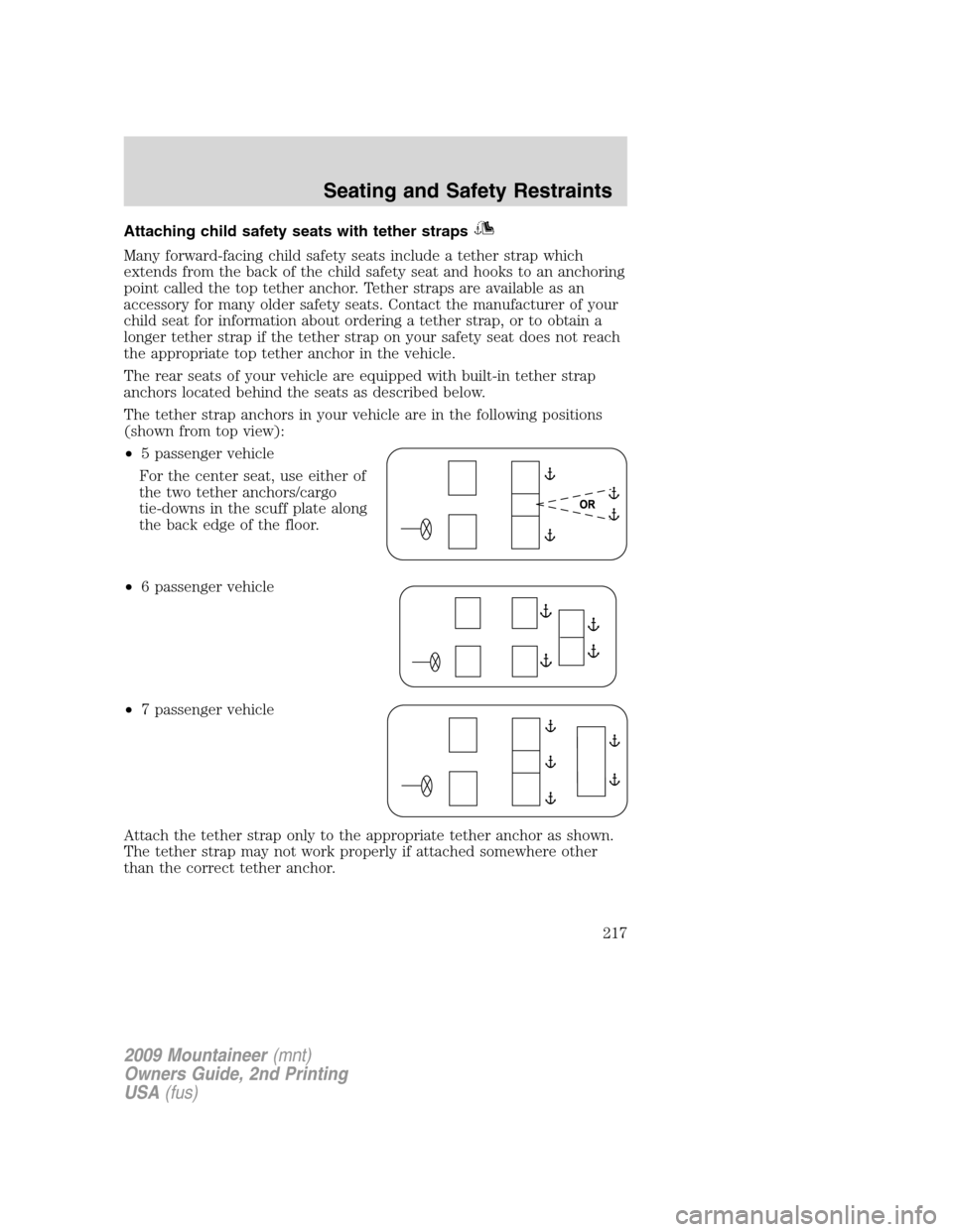 Mercury Mountaineer 2009 Owners Manuals Attaching child safety seats with tether straps
Many forward-facing child safety seats include a tether strap which
extends from the back of the child safety seat and hooks to an anchoring
point calle Mercury Mountaineer 2009 Owners Manuals Attaching child safety seats with tether straps
Many forward-facing child safety seats include a tether strap which
extends from the back of the child safety seat and hooks to an anchoring
point calle