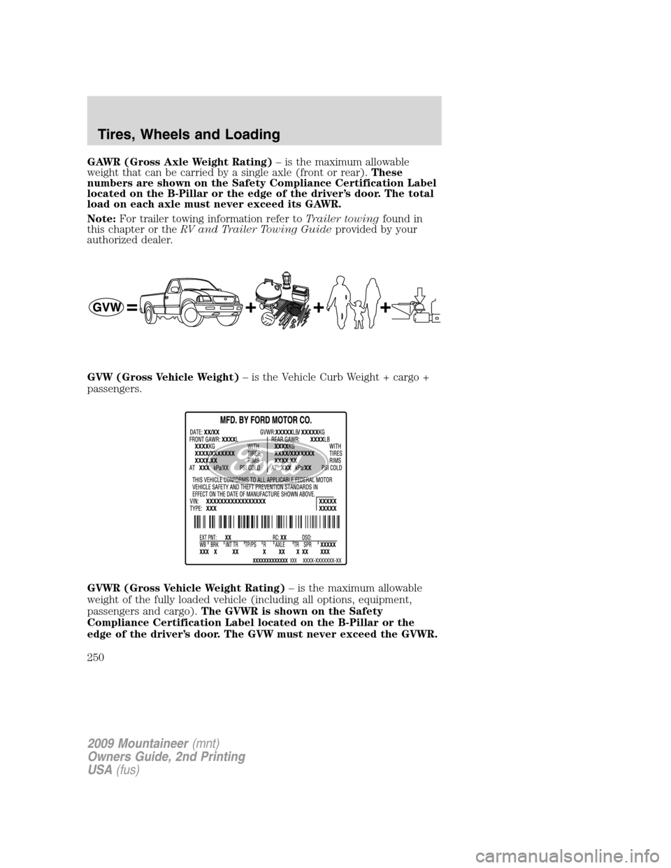 Mercury Mountaineer 2009 Owners Manuals GAWR (Gross Axle Weight Rating)– is the maximum allowable
weight that can be carried by a single axle (front or rear).These
numbers are shown on the Safety Compliance Certification Label
located on Mercury Mountaineer 2009 Owners Manuals GAWR (Gross Axle Weight Rating)– is the maximum allowable
weight that can be carried by a single axle (front or rear).These
numbers are shown on the Safety Compliance Certification Label
located on
