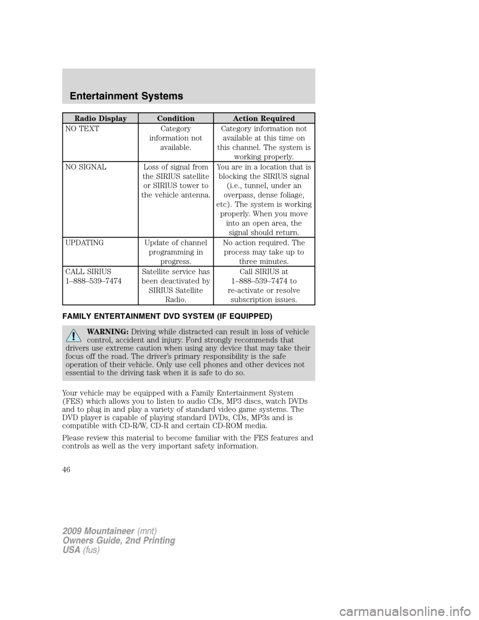 Mercury Mountaineer 2009 Owners Manuals Radio Display Condition Action Required
NO TEXT Category
information not
available.Category information not
available at this time on
this channel. The system is
working properly.
NO SIGNAL Loss of si Mercury Mountaineer 2009 Owners Manuals Radio Display Condition Action Required
NO TEXT Category
information not
available.Category information not
available at this time on
this channel. The system is
working properly.
NO SIGNAL Loss of si
