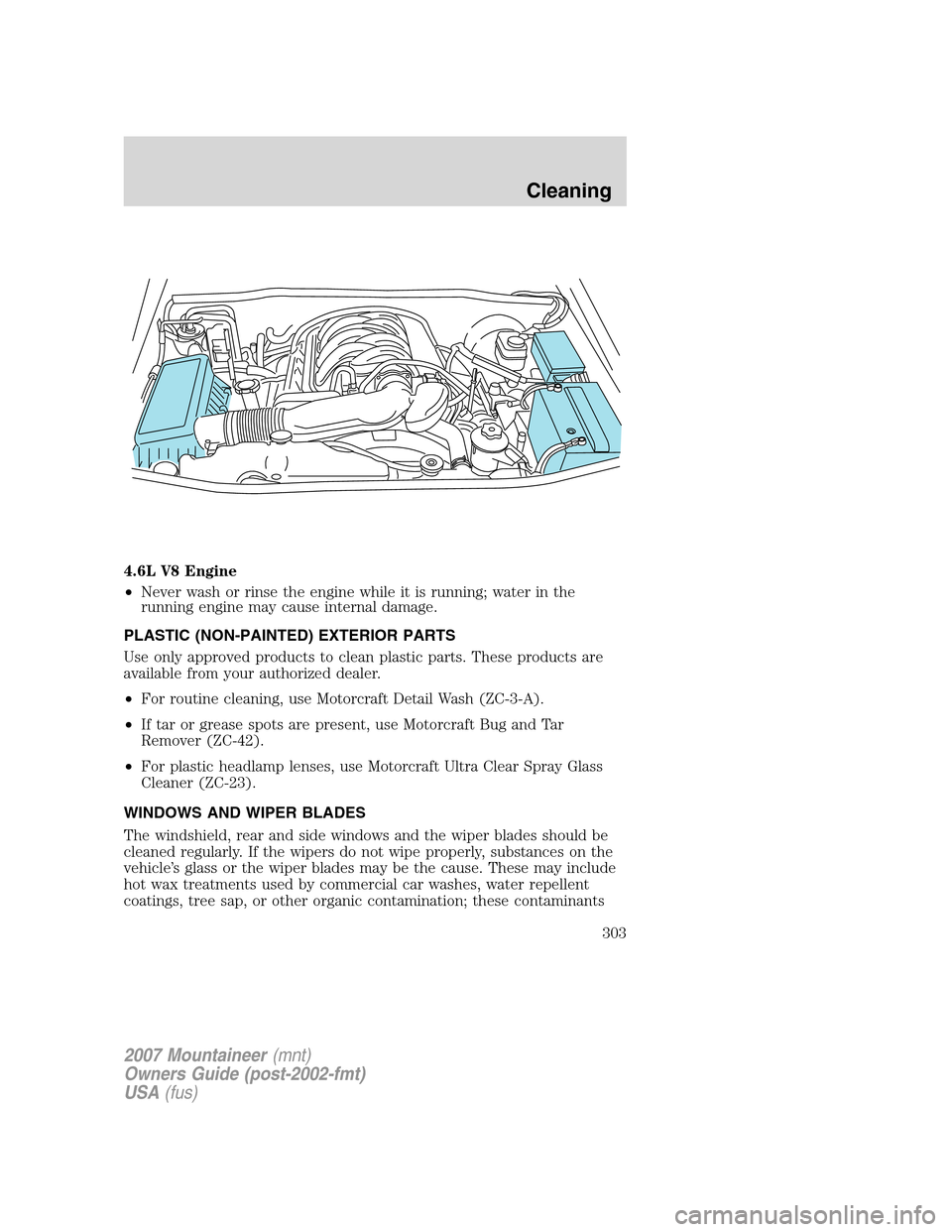Mercury Mountaineer 2007  Owners Manuals 4.6L V8 Engine
•Never wash or rinse the engine while it is running; water in the
running engine may cause internal damage.
PLASTIC (NON-PAINTED) EXTERIOR PARTS
Use only approved products to clean pl