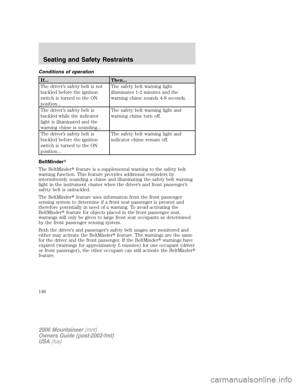 Mercury Mountaineer 2006  Owners Manuals Conditions of operation
If... Then...
The driver’s safety belt is not
buckled before the ignition
switch is turned to the ON
position...The safety belt warning light
illuminates 1-2 minutes and the
