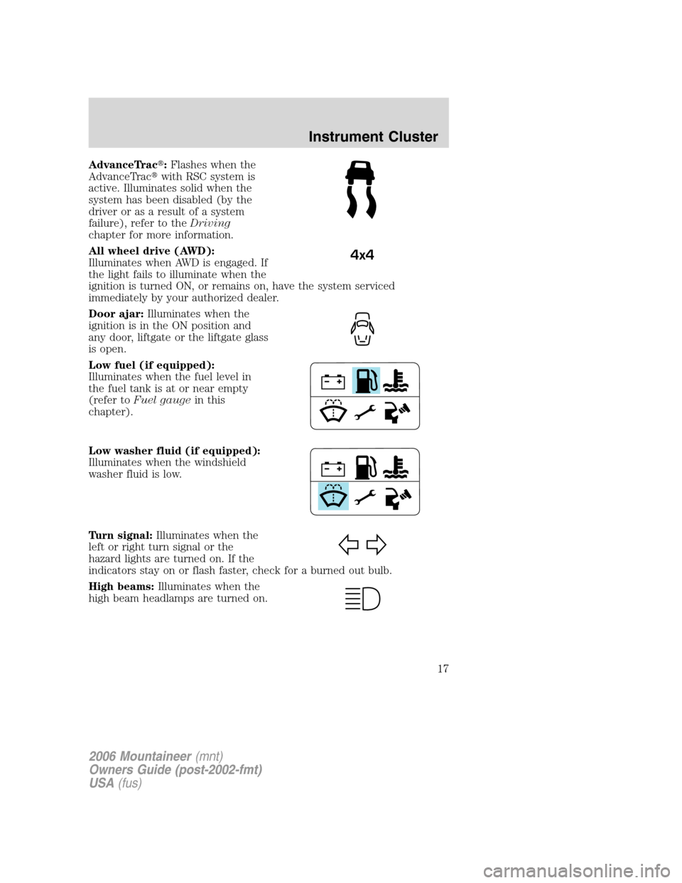 Mercury Mountaineer 2006  Owners Manuals AdvanceTrac:Flashes when the
AdvanceTracwith RSC system is
active. Illuminates solid when the
system has been disabled (by the
driver or as a result of a system
failure), refer to theDriving
chapter
