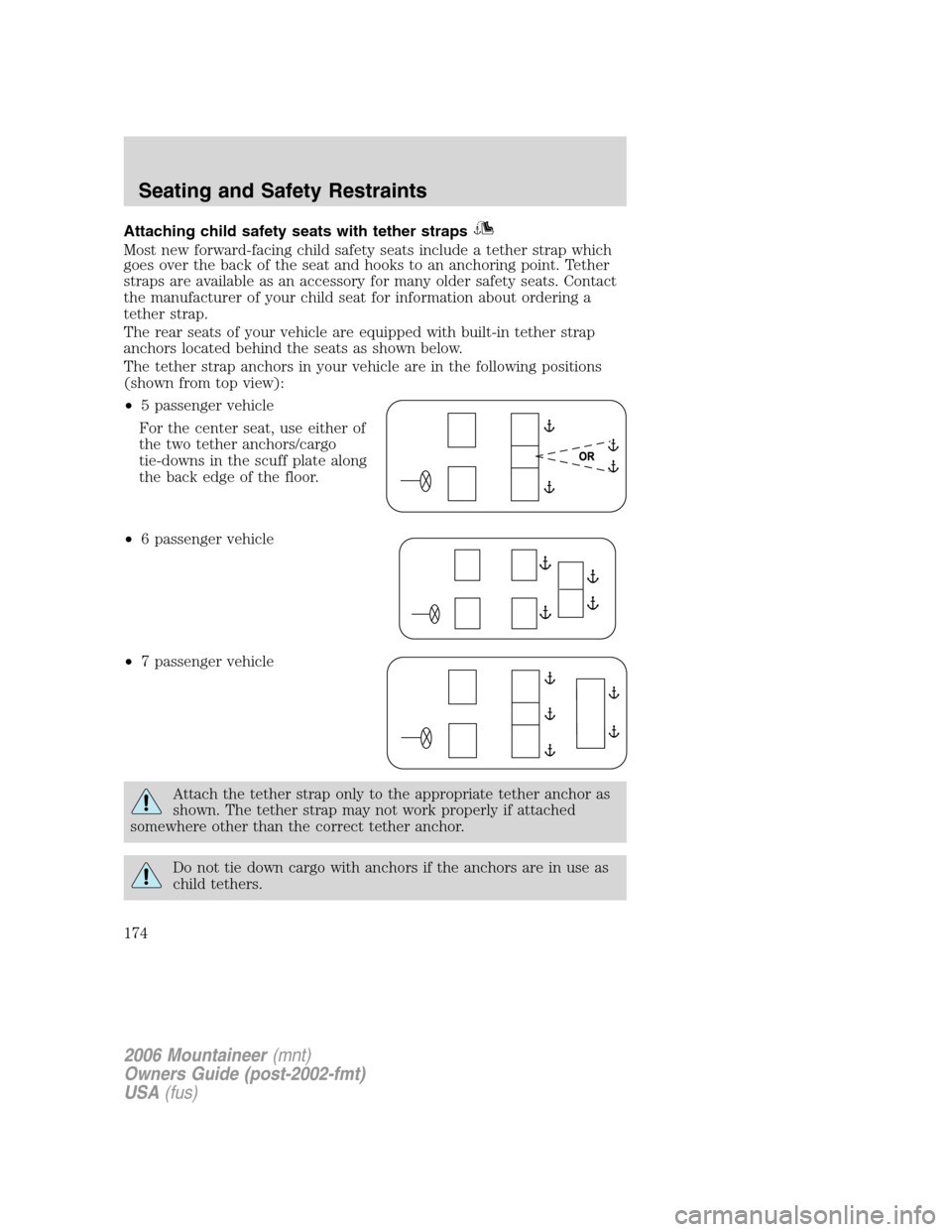 Mercury Mountaineer 2006  Owners Manuals Attaching child safety seats with tether straps
Most new forward-facing child safety seats include a tether strap which
goes over the back of the seat and hooks to an anchoring point. Tether
straps ar