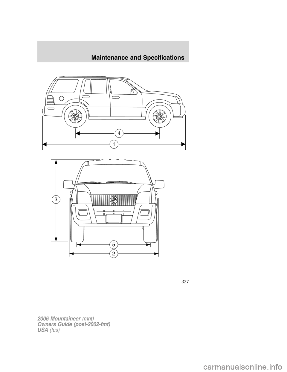 Mercury Mountaineer 2006  Owners Manuals 2006 Mountaineer(mnt)
Owners Guide (post-2002-fmt)
USA(fus)
Maintenance and Specifications
327 