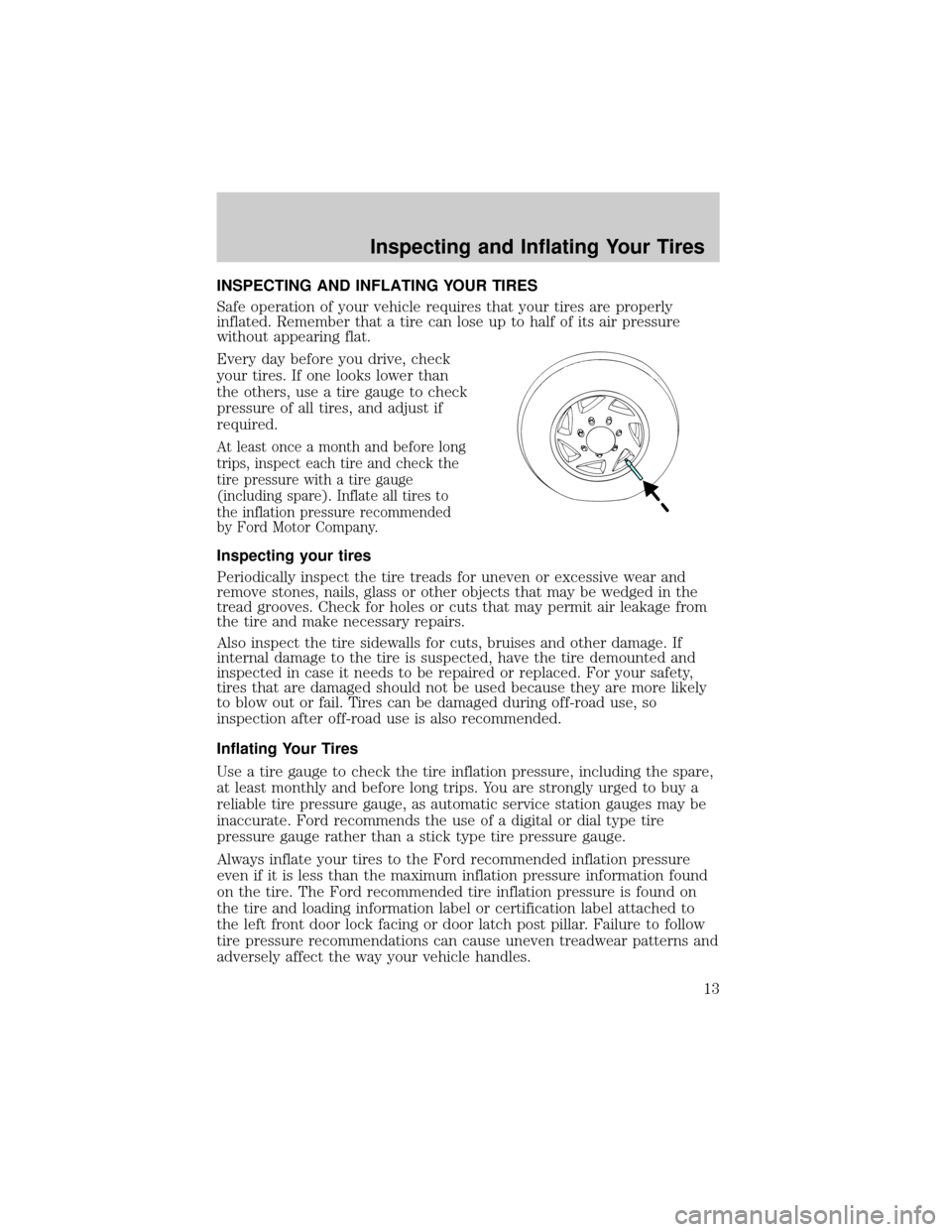 Mercury Mountaineer 2006  Manual de Usuario (in Spanish) INSPECTING AND INFLATING YOUR TIRES
Safe operation of your vehicle requires that your tires are properly
inflated. Remember that a tire can lose up to half of its air pressure
without appearing flat.
