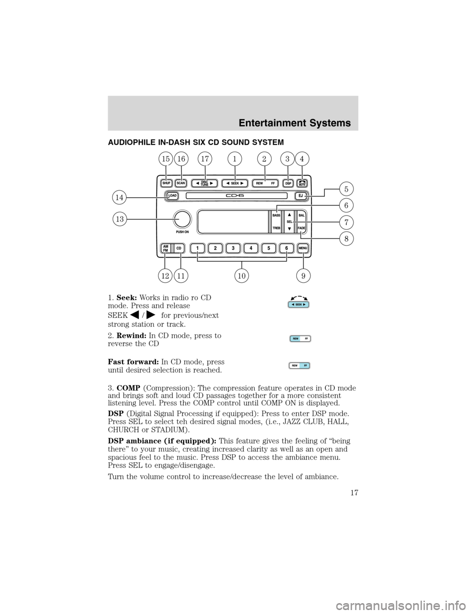 Mercury Mountaineer 2003 Owners Manuals AUDIOPHILE IN-DASH SIX CD SOUND SYSTEM
1.Seek:Works in radio ro CD
mode. Press and release
SEEK
/for previous/next
strong station or track.
2.Rewind:In CD mode, press to
reverse the CD
Fast forward:In Mercury Mountaineer 2003 Owners Manuals AUDIOPHILE IN-DASH SIX CD SOUND SYSTEM
1.Seek:Works in radio ro CD
mode. Press and release
SEEK
/for previous/next
strong station or track.
2.Rewind:In CD mode, press to
reverse the CD
Fast forward:In
