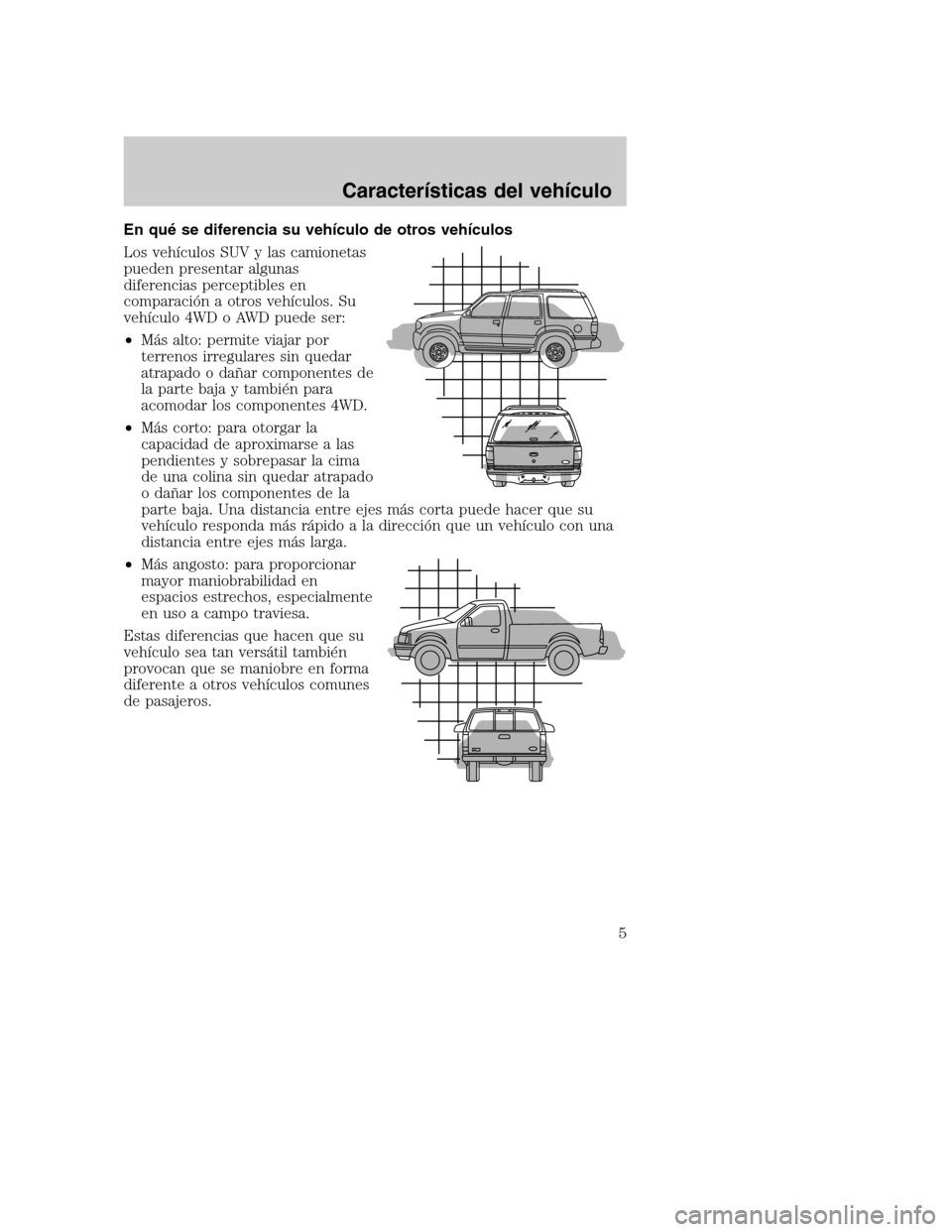 Mercury Mountaineer 2003  Manual de Usuario (in Spanish) En quése diferencia su vehículo de otros vehículos
Los vehículos SUV y las camionetas
pueden presentar algunas
diferencias perceptibles en
comparación a otros vehículos. Su
vehículo 4WD o AWD p