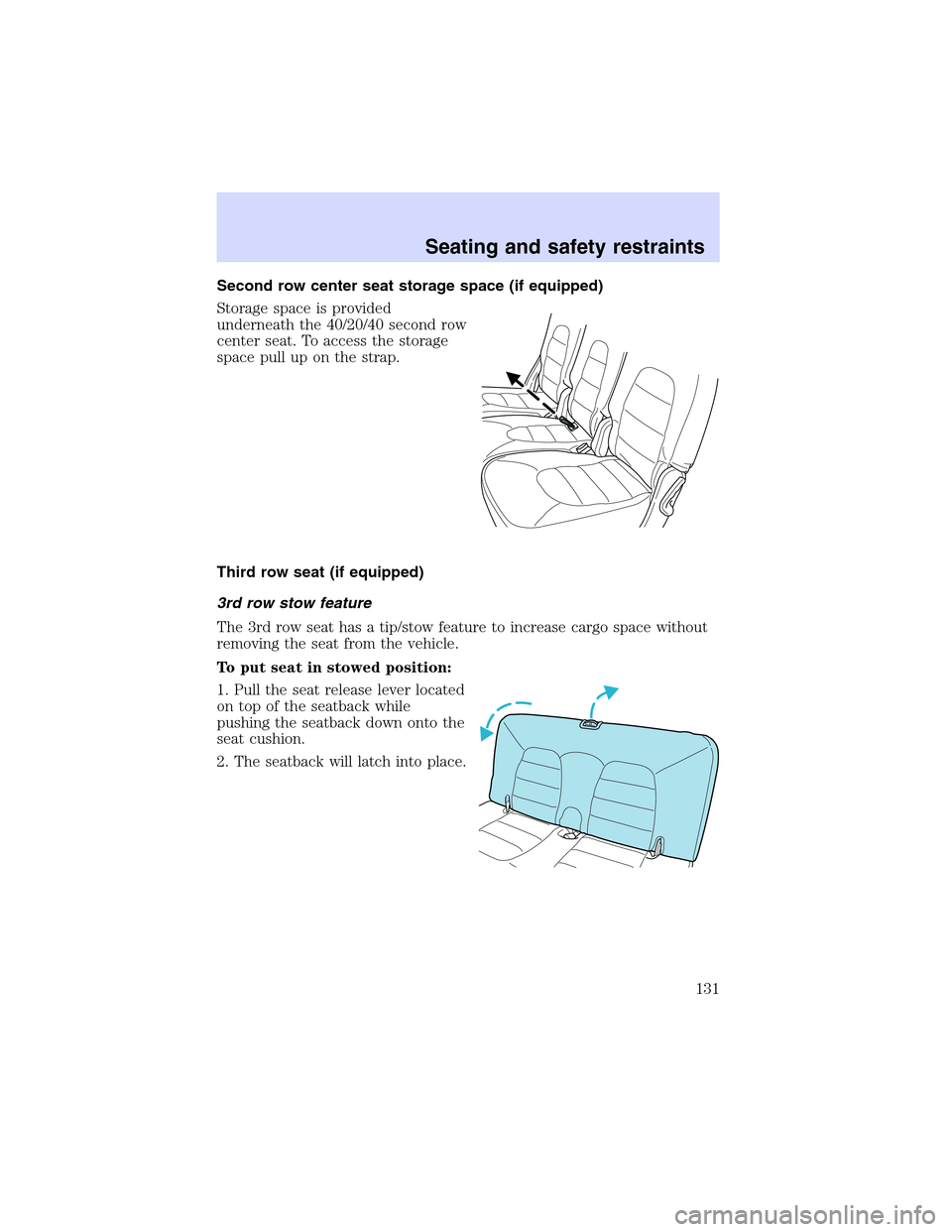 Mercury Mountaineer 2002 s User Guide Second row center seat storage space (if equipped)
Storage space is provided
underneath the 40/20/40 second row
center seat. To access the storage
space pull up on the strap.
Third row seat (if equipp Mercury Mountaineer 2002 s User Guide Second row center seat storage space (if equipped)
Storage space is provided
underneath the 40/20/40 second row
center seat. To access the storage
space pull up on the strap.
Third row seat (if equipp