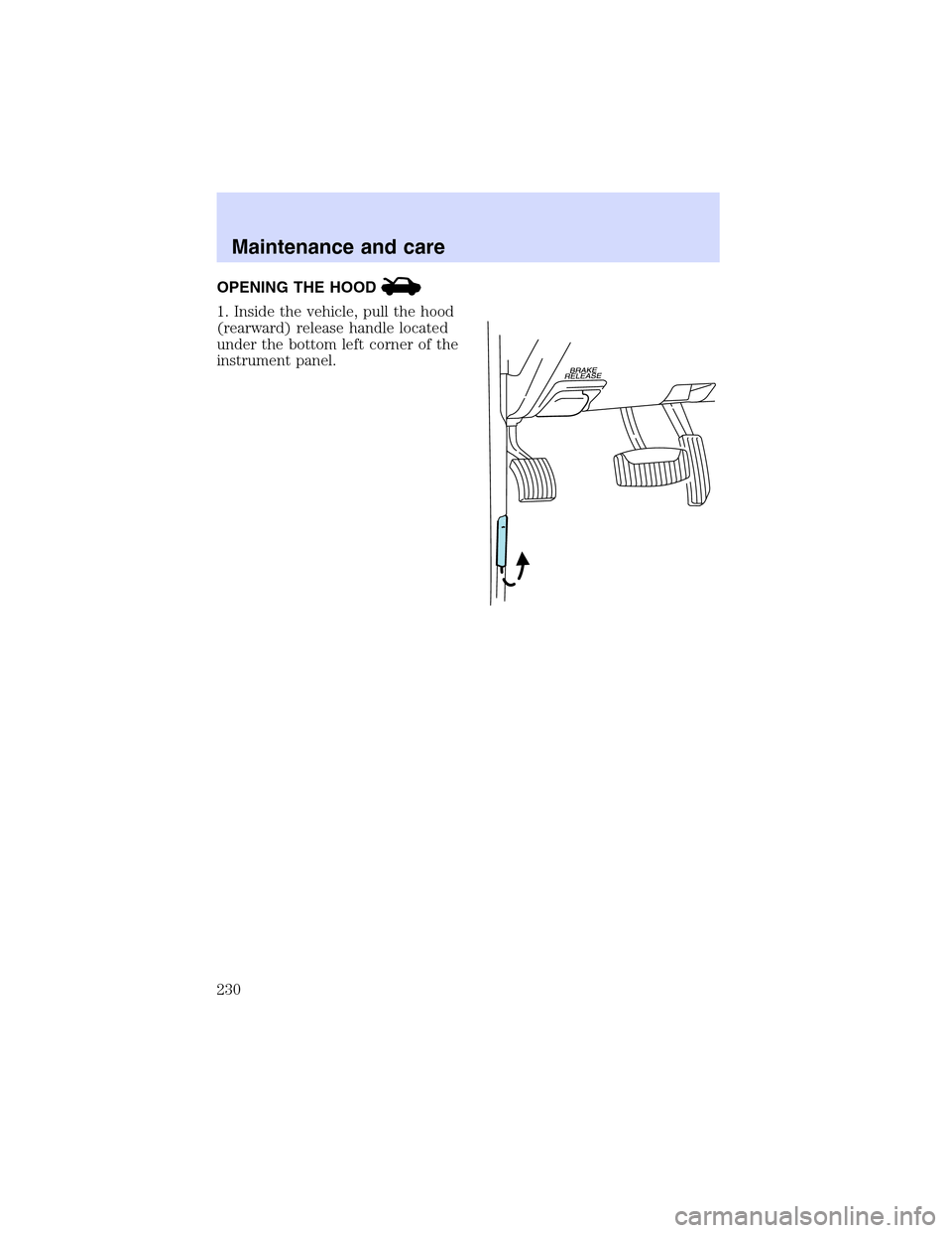 Mercury Mountaineer 2002  s User Guide OPENING THE HOOD
1. Inside the vehicle, pull the hood
(rearward) release handle located
under the bottom left corner of the
instrument panel.
Maintenance and care
230 
