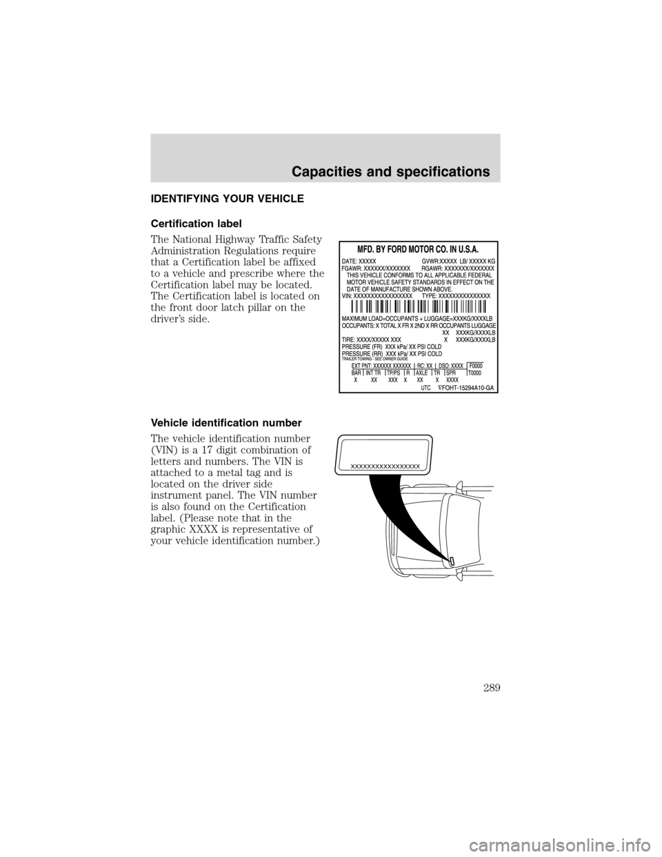 Mercury Mountaineer 2002  s User Guide IDENTIFYING YOUR VEHICLE
Certification label
The National Highway Traffic Safety
Administration Regulations require
that a Certification label be affixed
to a vehicle and prescribe where the
Certifica