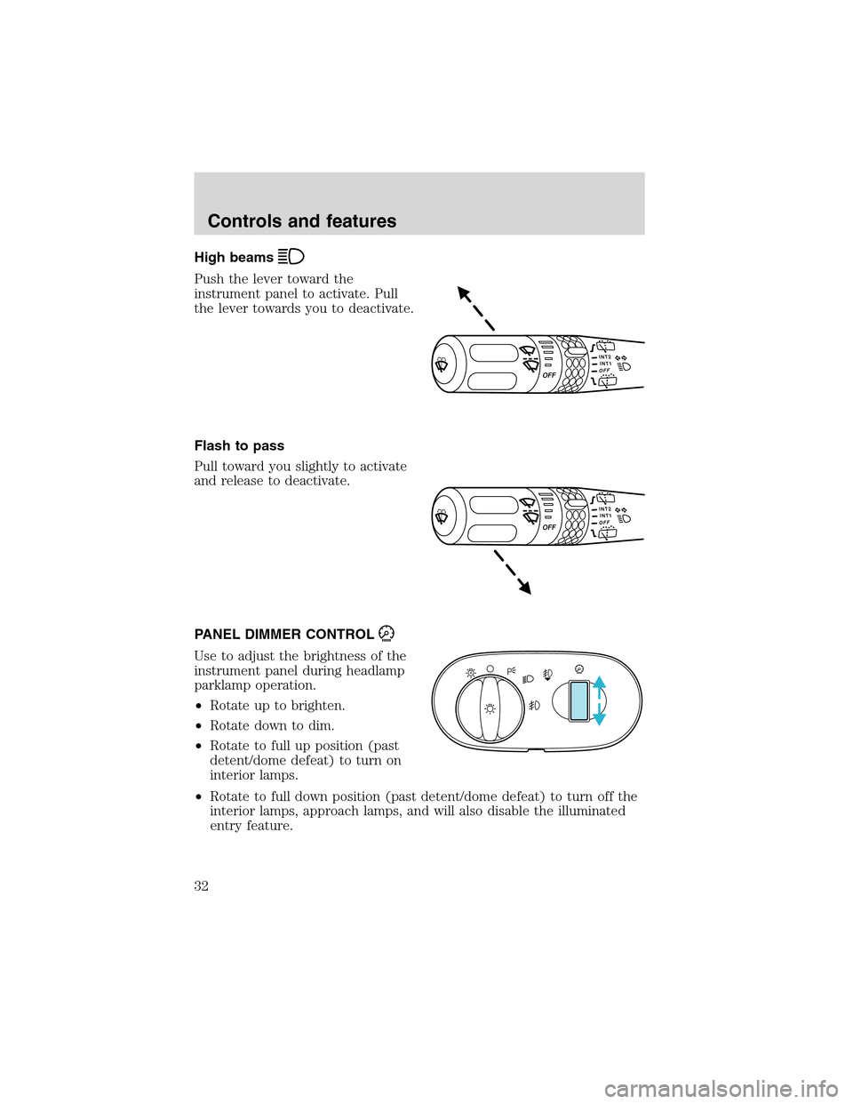 Mercury Mountaineer 2002  s Owners Guide High beams
Push the lever toward the
instrument panel to activate. Pull
the lever towards you to deactivate.
Flash to pass
Pull toward you slightly to activate
and release to deactivate.
PANEL DIMMER 