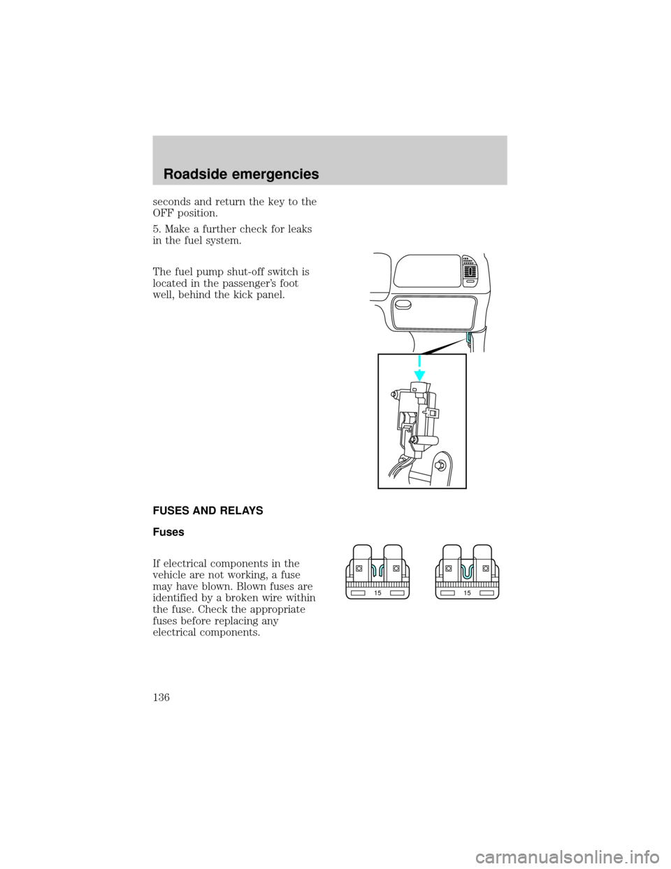 Mercury Mountaineer 1998  Owners Manuals seconds and return the key to the
OFF position.
5. Make a further check for leaks
in the fuel system.
The fuel pump shut-off switch is
located in the passengers foot
well, behind the kick panel.
FUSE