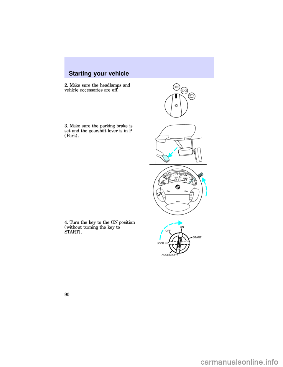 Mercury Mountaineer 1997  Owners Manuals 2. Make sure the headlamps and
vehicle accessories are off.
3. Make sure the parking brake is
set and the gearshift lever is in P
(Park).
4. Turn the key to the ON position
(without turning the key to