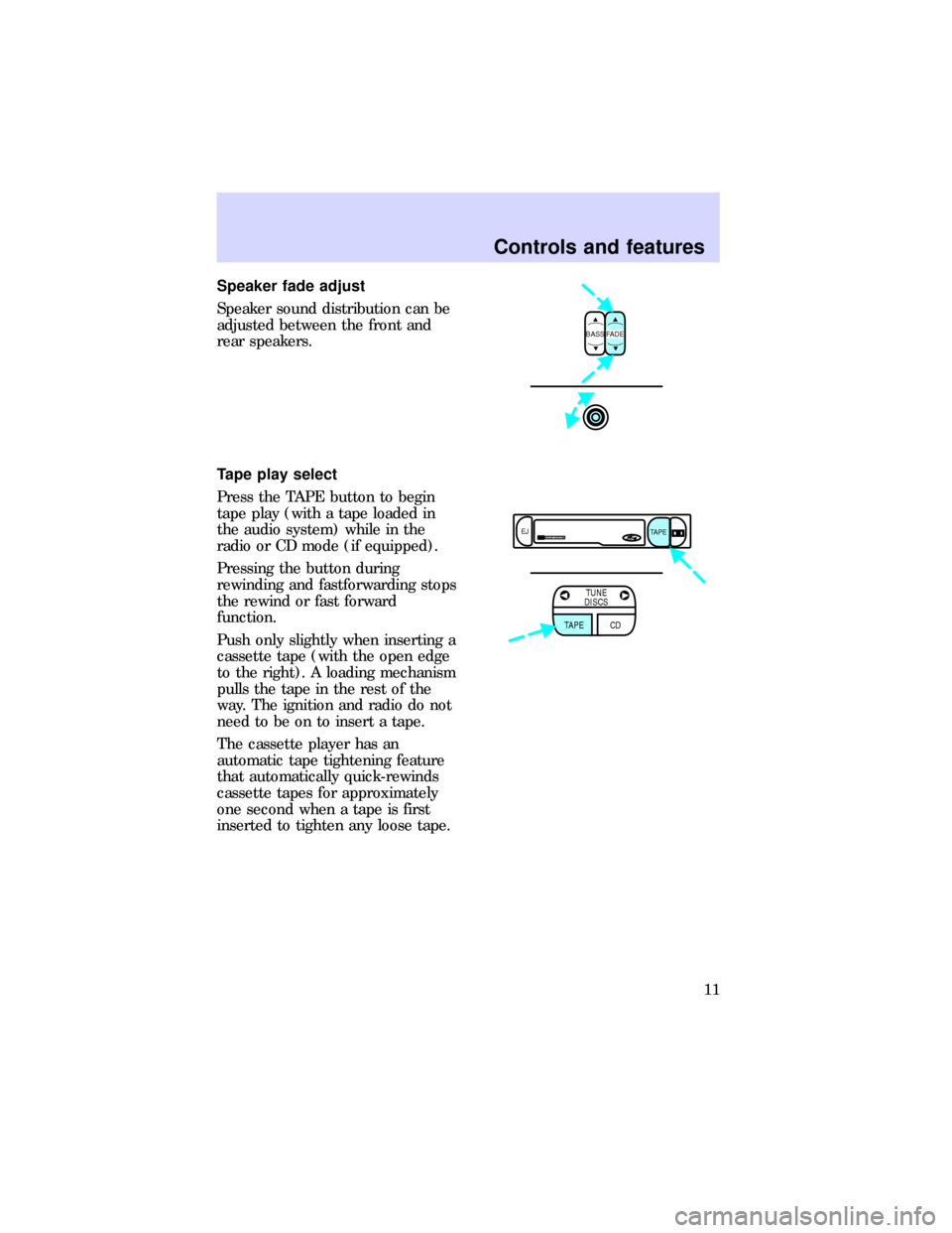 Mercury Mountaineer 1997  Audio Guide Speaker fade adjust
Speaker sound distribution can be
adjusted between the front and
rear speakers.
Tape play select
Press the TAPE button to begin
tape play (with a tape loaded in
the audio system) w