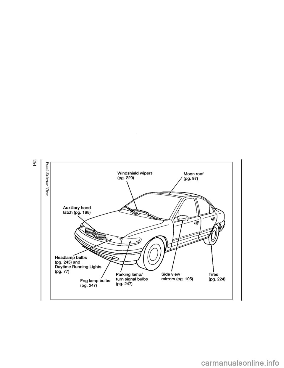 Mercury Mystique 1996  Owners Manuals 264
[QI00700( Z)05/95]
33-1/2 pica art:0001164-E
Front Exterior View
File:cdqiz.ex
Update:Fri Feb 23 10:59:10 1996 