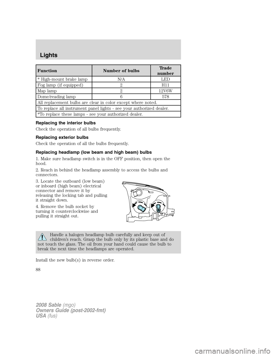 Mercury Sable 2008  Owners Manuals Function Number of bulbsTrade
number
* High-mount brake lamp N/A LED
Fog lamp (if equipped) 2 H11
Map lamp 2 12V6W
Dome/reading lamp 6 578
All replacement bulbs are clear in color except where noted.
