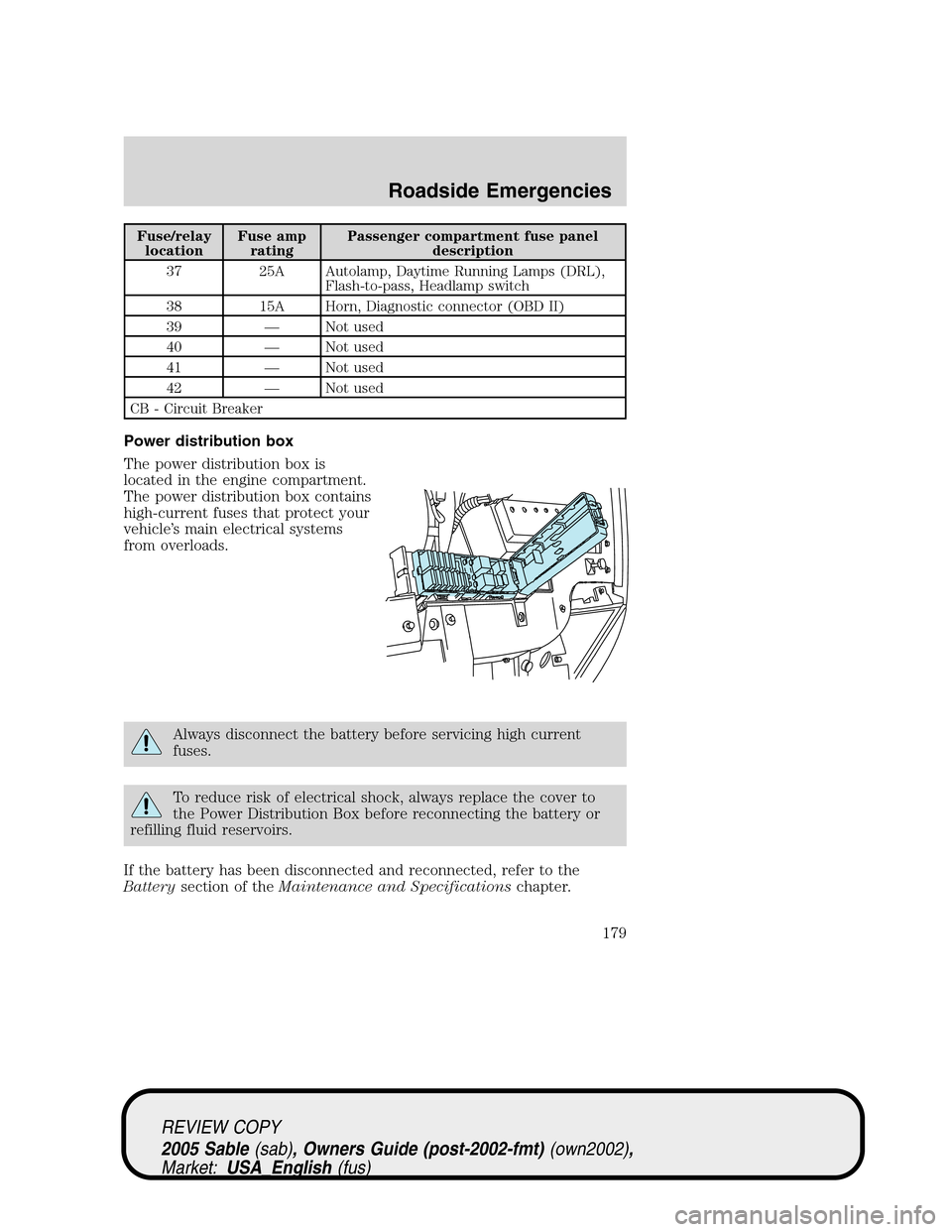 Mercury Sable 2005  Owners Manuals Fuse/relay
locationFuse amp
ratingPassenger compartment fuse panel
description
37 25A Autolamp, Daytime Running Lamps (DRL),
Flash-to-pass, Headlamp switch
38 15A Horn, Diagnostic connector (OBD II)
3