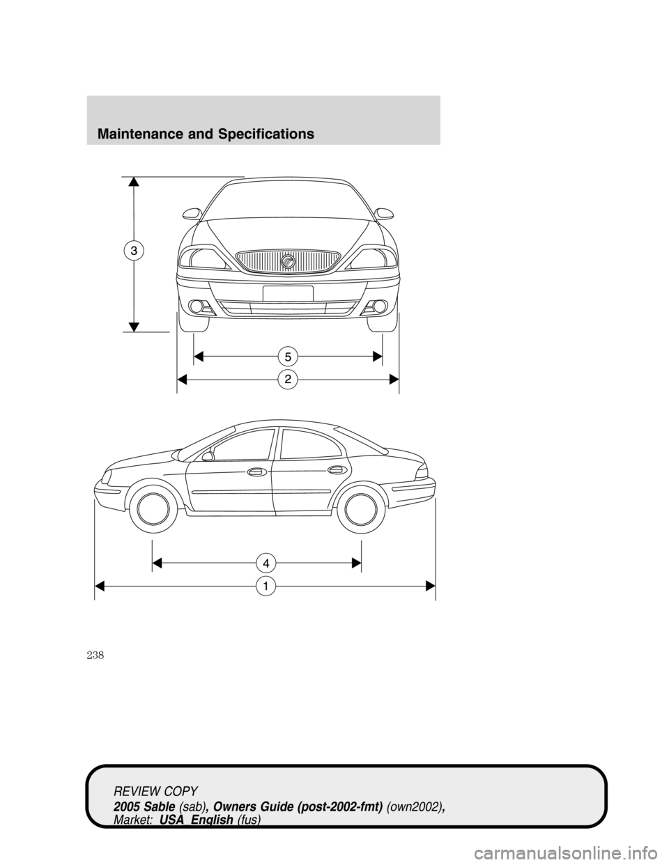 Mercury Sable 2005  Owners Manuals REVIEW COPY
2005 Sable(sab), Owners Guide (post-2002-fmt)(own2002),
Market:USA_English(fus)
Maintenance and Specifications
238 