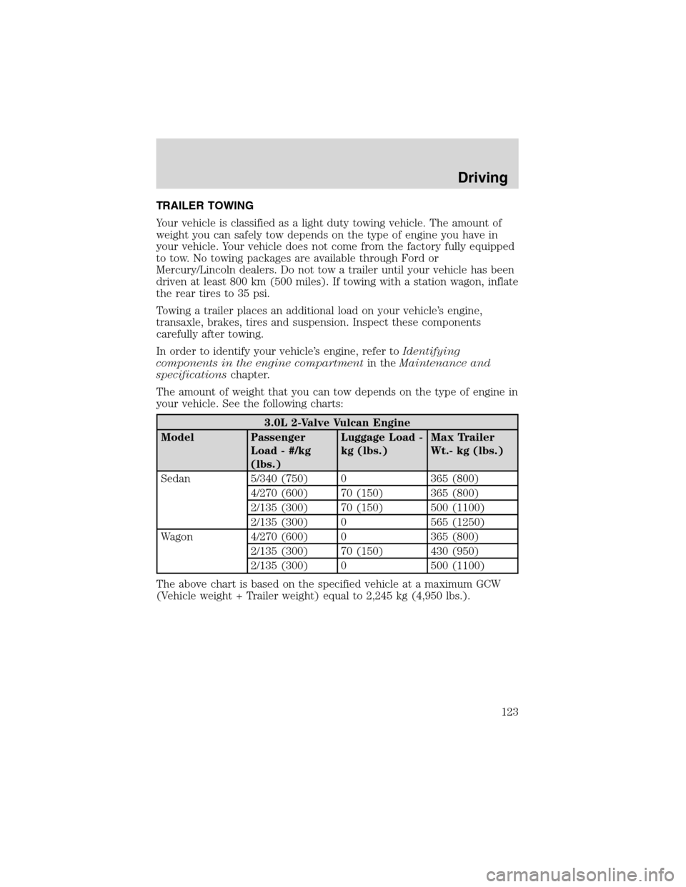 Mercury Sable 2003  Owners Manuals TRAILER TOWING
Your vehicle is classified as a light duty towing vehicle. The amount of
weight you can safely tow depends on the type of engine you have in
your vehicle. Your vehicle does not come fro