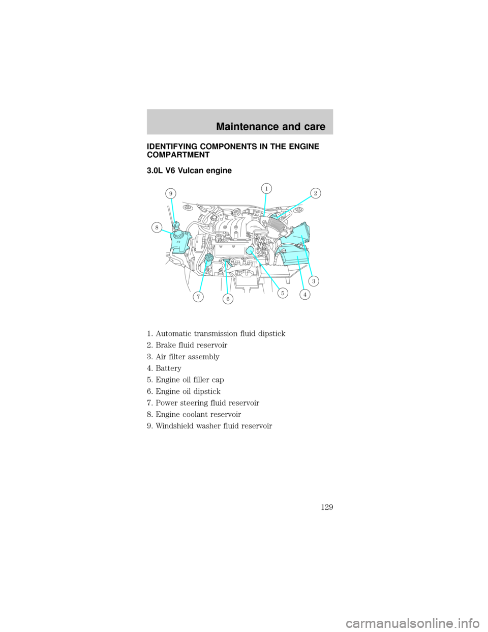 Mercury Sable 1998  Owners Manuals IDENTIFYING COMPONENTS IN THE ENGINE
COMPARTMENT
3.0L V6 Vulcan engine
1. Automatic transmission fluid dipstick
2. Brake fluid reservoir
3. Air filter assembly
4. Battery
5. Engine oil filler cap
6. E