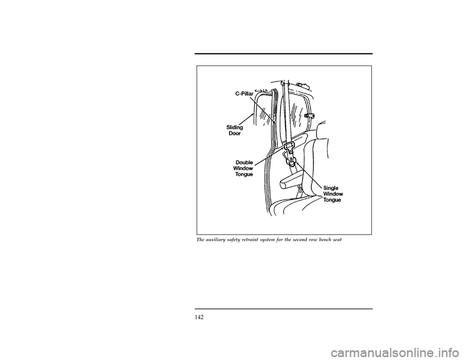 Mercury Villager 1997  Owners Manuals 142
[SS12225(ALL)05/96]
24 pica art:0040036-D
The auxiliary safety retraint system for the second row bench seat
File:06vxssn.ex
Update:Thu Jun  6 10:54:22 1996 