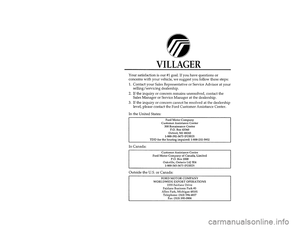 Mercury Villager 1996  Owners Manuals 