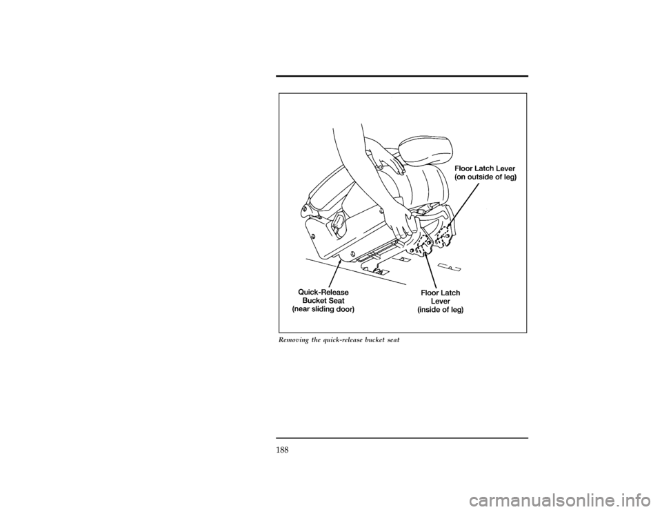 Mercury Villager 1996  Owners Manuals 188
[RR07400(ALL)09/93]
24 pica art:0040128-C
Removing the quick-release bucket seat
File:09vxrrn.ex
Update:Mon Jun  3 14:46:49 1996 