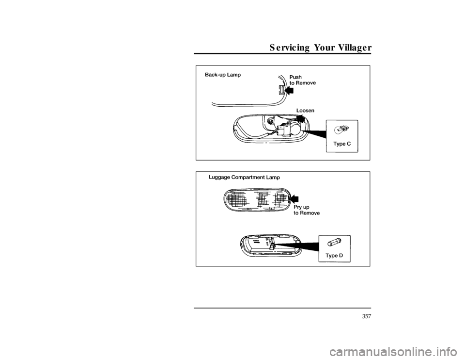 Mercury Villager 1996  Owners Manuals Servicing Your Villager
357
[SV42700(ALL)01/93]
13-1/2 pica
art:0040227-A[SV42701(ALL)05/93]
13-1/2 pica
art:0040232-CFile:15vxsvn.ex
Update:Wed Jun  5 12:25:18 1996 