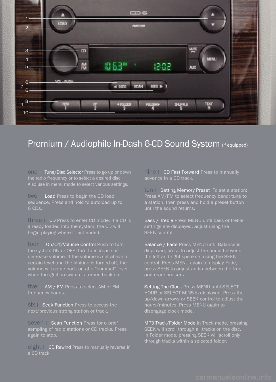 Mercury Montego 2005  Quick Reference Guide one|Tune/Disc SelectorPress to go up or down
the radio frequency or to select a desired disc.Also use in menu mode to select various settings.
two|LoadPress to begin the CD load
sequence. Press and ho