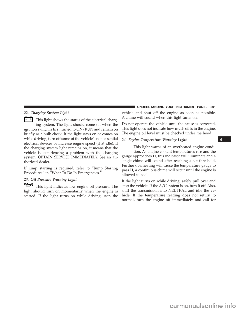 Ram Cargo Van 2015 User Guide 22. Charging System LightThis light shows the status of the electrical charg-
ing system. The light should come on when the
ignition switch is first turned to ON/RUN and remain on
briefly as a bulb ch