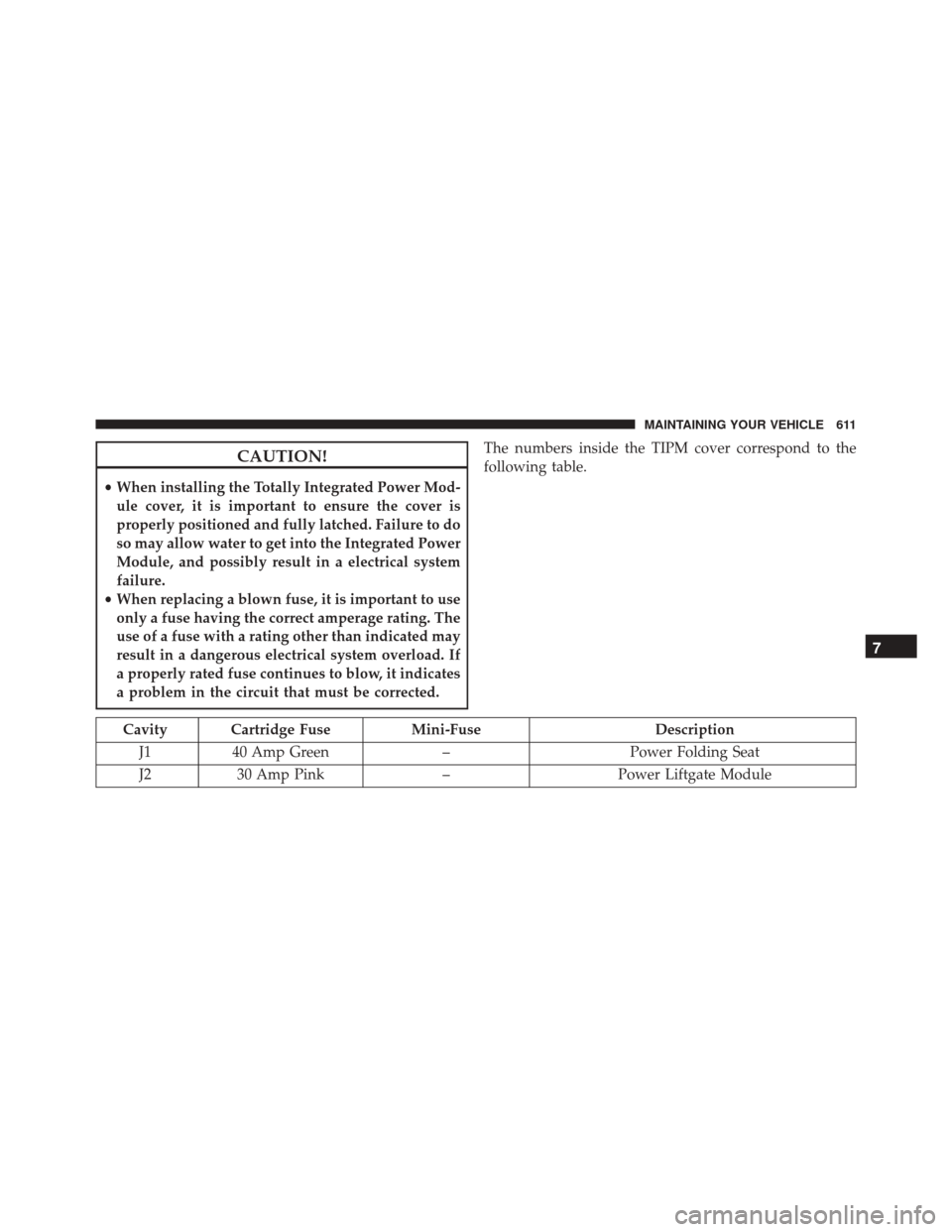 Ram Cargo Van 2015  Owners Manual CAUTION!
•When installing the Totally Integrated Power Mod-
ule cover, it is important to ensure the cover is
properly positioned and fully latched. Failure to do
so may allow water to get into the 