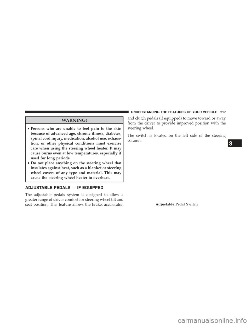Ram Cargo Van 2014  Owners Manual WARNING!
•Persons who are unable to feel pain to the skin
because of advanced age, chronic illness, diabetes,
spinal cord injury, medication, alcohol use, exhaus-
tion, or other physical conditions 