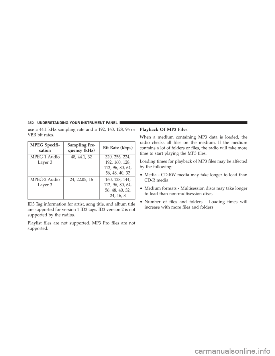 Ram Cargo Van 2014 Owners Manual use a 44.1 kHz sampling rate and a 192, 160, 128, 96 or
VBR bit rates.
MPEG Specifi-cation Sampling Fre-
quency (kHz) Bit Rate (kbps)
MPEG-1 Audio Layer 3 48, 44.1, 32 320, 256, 224,
192, 160, 128,
11 Ram Cargo Van 2014 Owners Manual use a 44.1 kHz sampling rate and a 192, 160, 128, 96 or
VBR bit rates.
MPEG Specifi-cation Sampling Fre-
quency (kHz) Bit Rate (kbps)
MPEG-1 Audio Layer 3 48, 44.1, 32 320, 256, 224,
192, 160, 128,
11