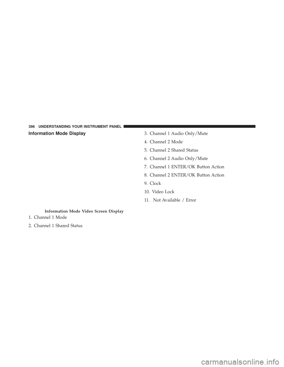 Ram Cargo Van 2014  Owners Manual Information Mode Display
1. Channel 1 Mode
2. Channel 1 Shared Status3. Channel 1 Audio Only/Mute
4. Channel 2 Mode
5. Channel 2 Shared Status
6. Channel 2 Audio Only/Mute
7. Channel 1 ENTER/OK Button