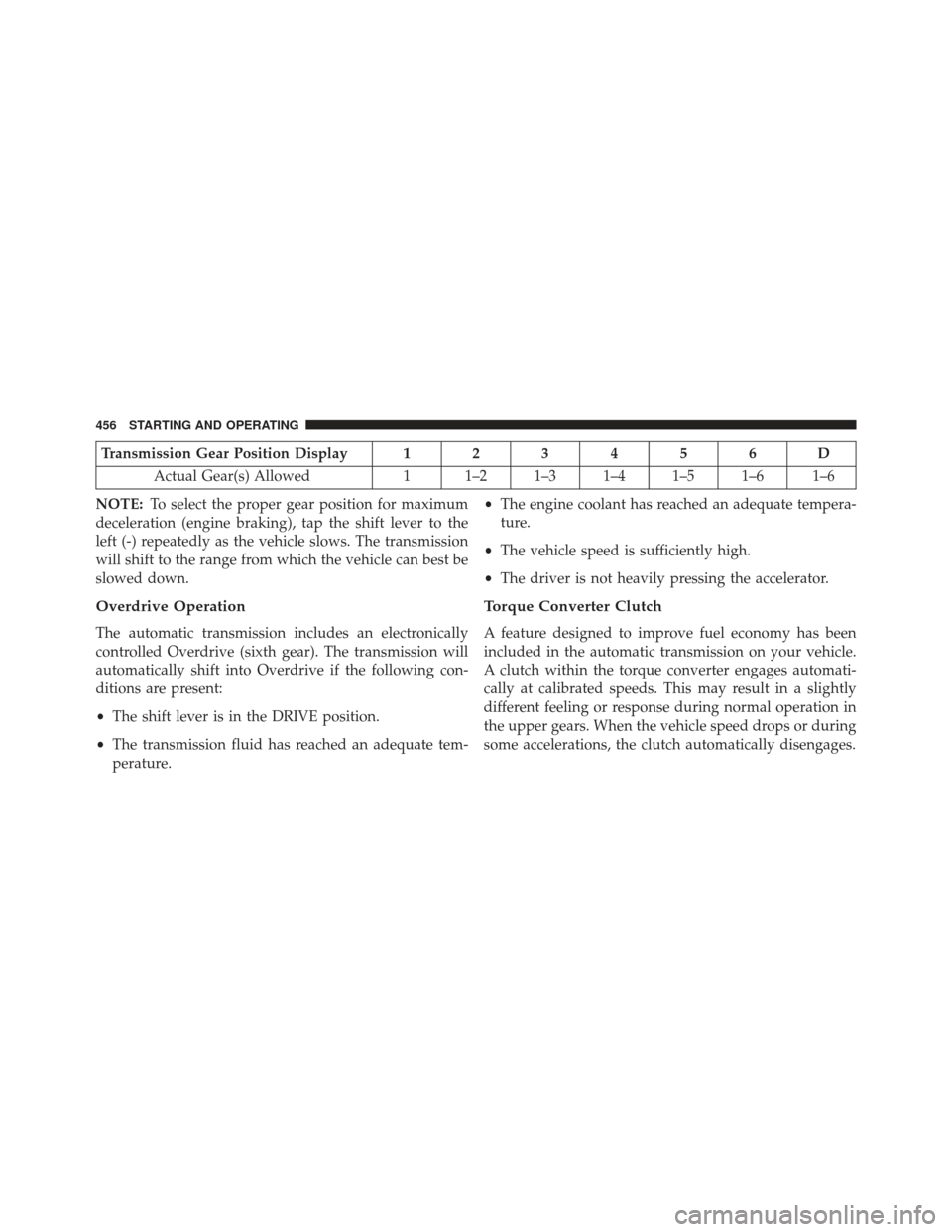 Ram Cargo Van 2014  Owners Manual Transmission Gear Position Display123456D
Actual Gear(s) Allowed 1 1–2 1–3 1–4 1–5 1–6 1–6
NOTE: To select the proper gear position for maximum
deceleration (engine braking), tap the shift