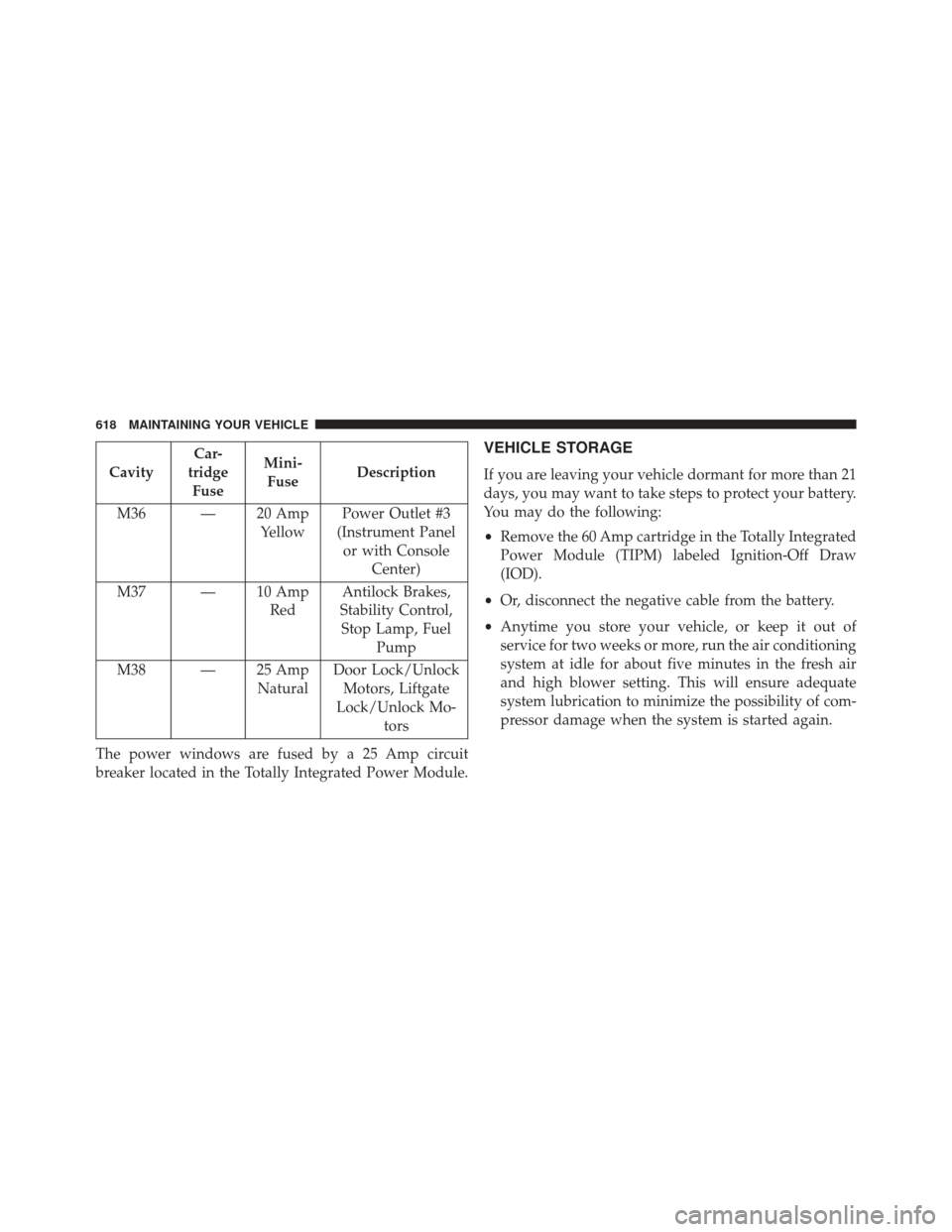 Ram Cargo Van 2014  Owners Manual CavityCar-
tridge Fuse Mini-
Fuse Description
M36 — 20 Amp YellowPower Outlet #3
(Instrument Panel or with Console Center)
M37 — 10 Amp RedAntilock Brakes,
Stability Control, Stop Lamp, Fuel Pump
