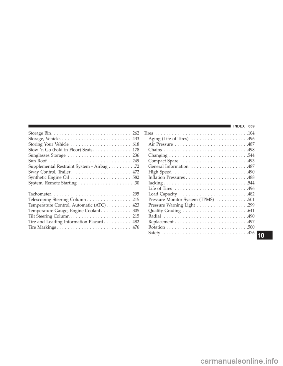 Ram Cargo Van 2014  Owners Manual Storage Bin............................. .262
Storage, Vehicle .......................... .433
Storing Your Vehicle ...................... .618
Stow 	n Go (Fold in Floor) Seats ...............178
Sung