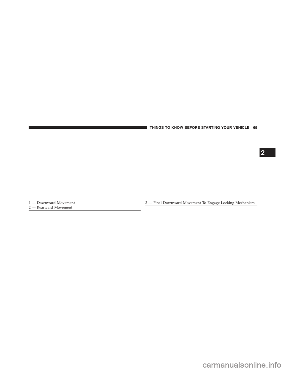 Ram Cargo Van 2014 Manual PDF 1 — Downward Movement
2 — Rearward Movement3 — Final Downward Movement To Engage Locking Mechanism
2
THINGS TO KNOW BEFORE STARTING YOUR VEHICLE 69 Ram Cargo Van 2014 Manual PDF 1 — Downward Movement
2 — Rearward Movement3 — Final Downward Movement To Engage Locking Mechanism
2
THINGS TO KNOW BEFORE STARTING YOUR VEHICLE 69