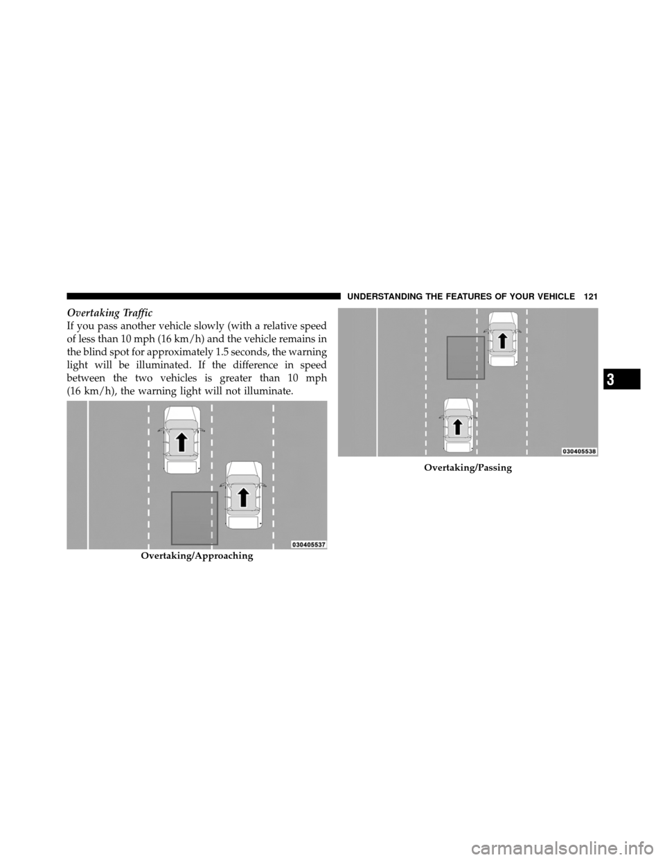 Ram Cargo Van 2012  Owners Manual Overtaking Traffic
If you pass another vehicle slowly (with a relative speed
of less than 10 mph (16 km/h) and the vehicle remains in
the blind spot for approximately 1.5 seconds, the warning
light wi