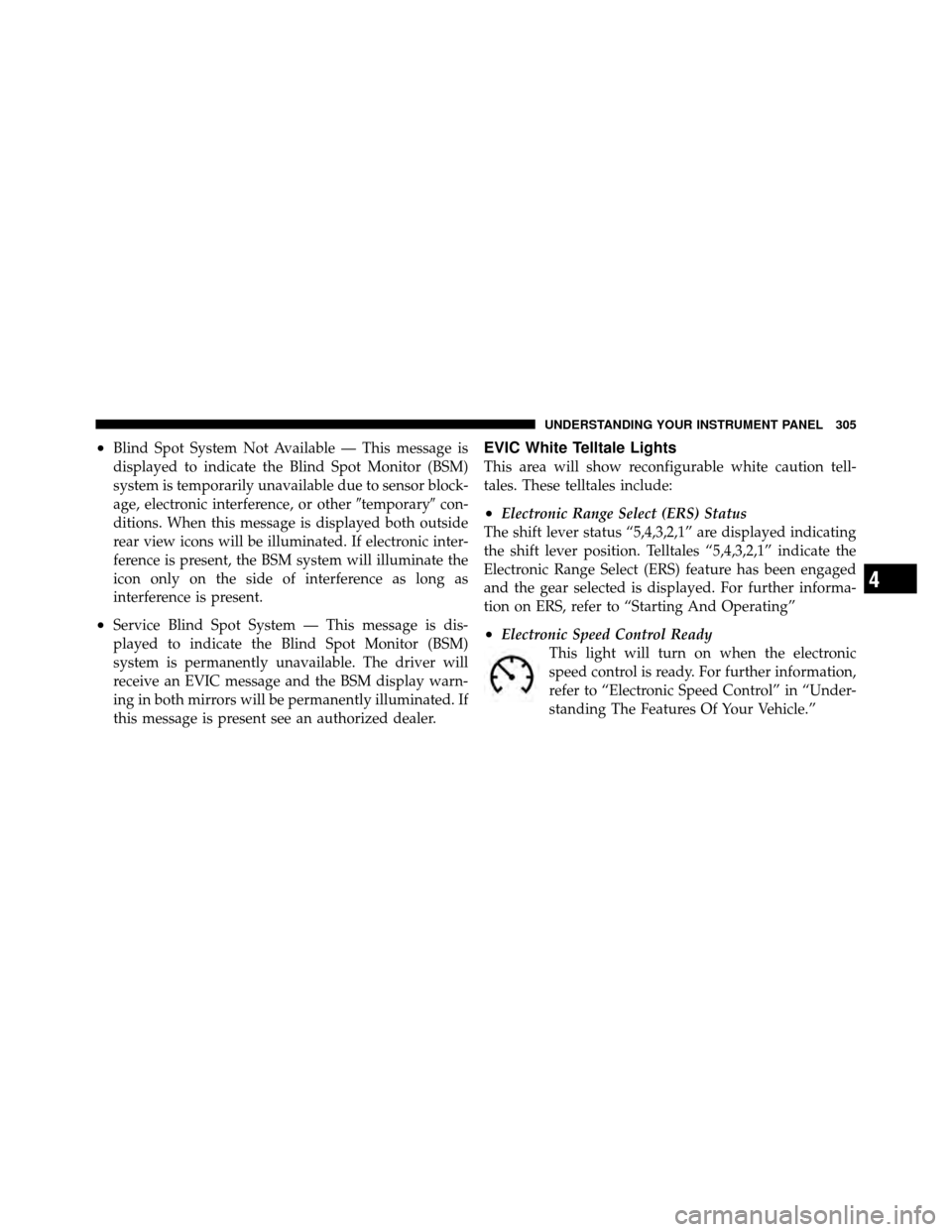 Ram Cargo Van 2012  Owners Manual •Blind Spot System Not Available — This message is
displayed to indicate the Blind Spot Monitor (BSM)
system is temporarily unavailable due to sensor block-
age, electronic interference, or other