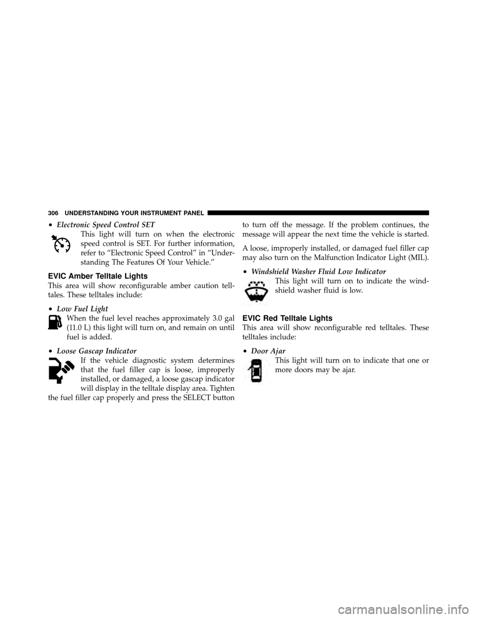 Ram Cargo Van 2012  Owners Manual •Electronic Speed Control SETThis light will turn on when the electronic
speed control is SET. For further information,
refer to “Electronic Speed Control” in “Under-
standing The Features Of 