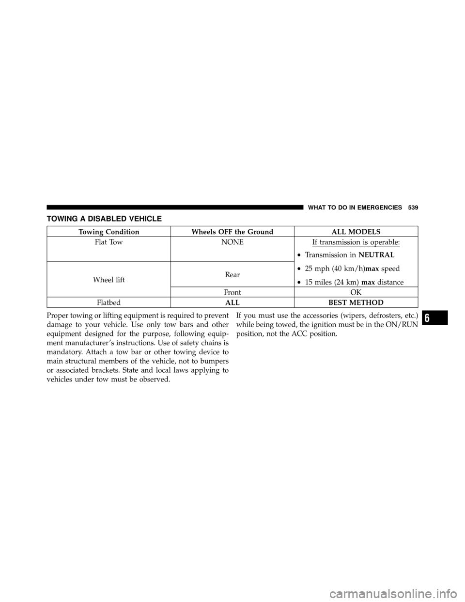 Ram Cargo Van 2012  Owners Manual TOWING A DISABLED VEHICLE
Towing ConditionWheels OFF the Ground ALL MODELS
Flat Tow NONEIf transmission is operable:
•Transmission inNEUTRAL
•25 mph (40 km/h)max speed
•15 miles (24 km)maxdistan
