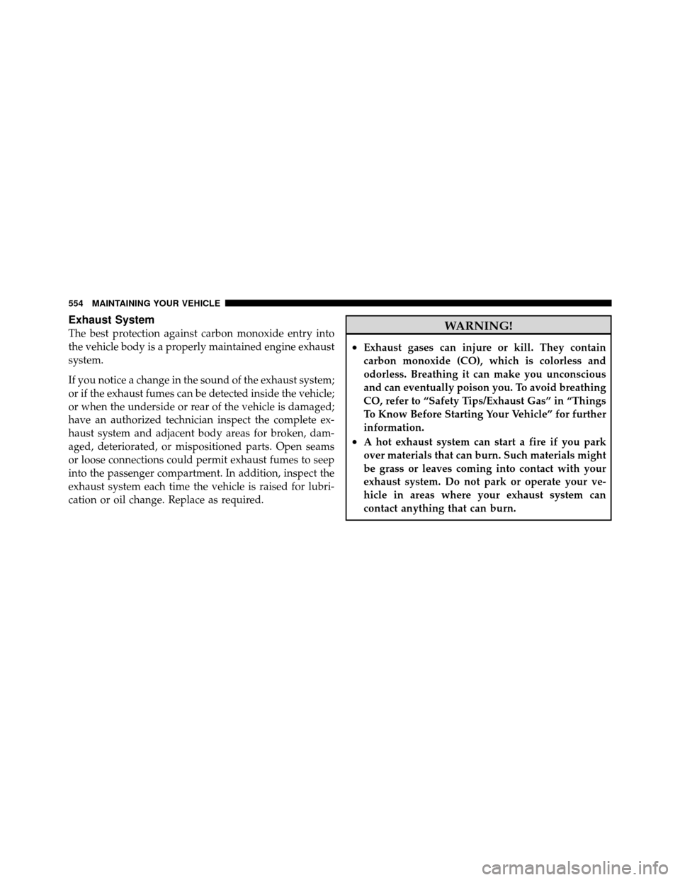 Ram Cargo Van 2012  Owners Manual Exhaust System
The best protection against carbon monoxide entry into
the vehicle body is a properly maintained engine exhaust
system.
If you notice a change in the sound of the exhaust system;
or if 