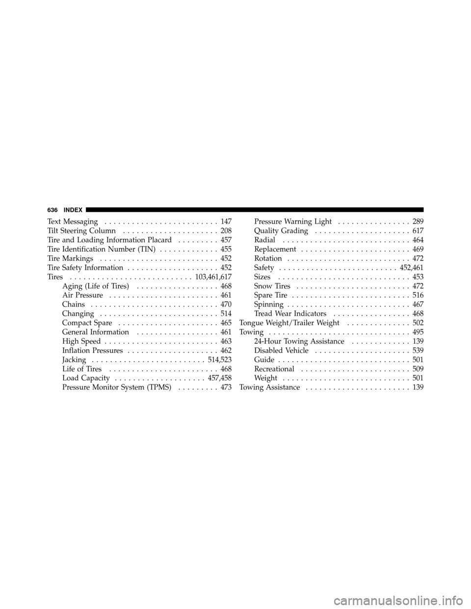 Ram Cargo Van 2012 Owners Manual Text Messaging......................... 147
Tilt Steering Column ..................... 208
Tire and Loading Information Placard ......... 457
Tire Identification Number (TIN) ............. 455
Tire Ma Ram Cargo Van 2012 Owners Manual Text Messaging......................... 147
Tilt Steering Column ..................... 208
Tire and Loading Information Placard ......... 457
Tire Identification Number (TIN) ............. 455
Tire Ma