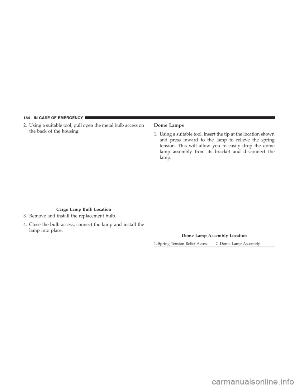 Ram ProMaster 2019  Owners Manual 2. Using a suitable tool, pull open the metal bulb access onthe back of the housing.
3. Remove and install the replacement bulb.
4. Close the bulb access, connect the lamp and install the lamp into pl
