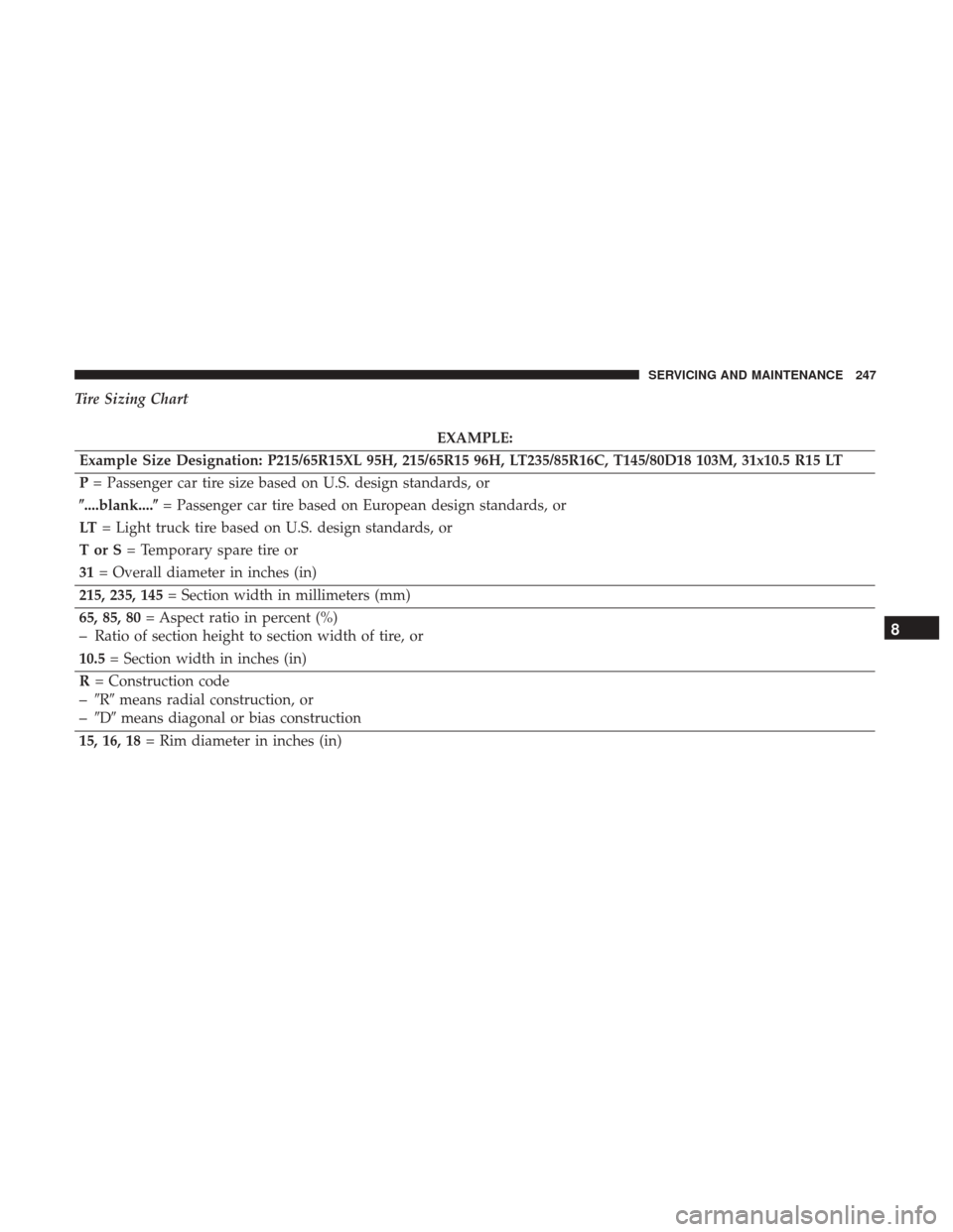 Ram ProMaster 2019  Owners Manual Tire Sizing Chart
EXAMPLE:
Example Size Designation: P215/65R15XL 95H, 215/65R15 96H, LT235/85R16C, T145/80D18 103M, 31x10.5 R15 LT
P = Passenger car tire size based on U.S. design standards, or
....