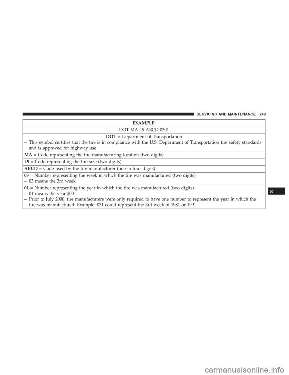 Ram ProMaster 2019  Owners Manual EXAMPLE:
DOT MA L9 ABCD 0301
DOT = Department of Transportation
–This symbol certifies that the tire is in compliance with the U.S. Department of Transportation tire safety standards
and is approved
