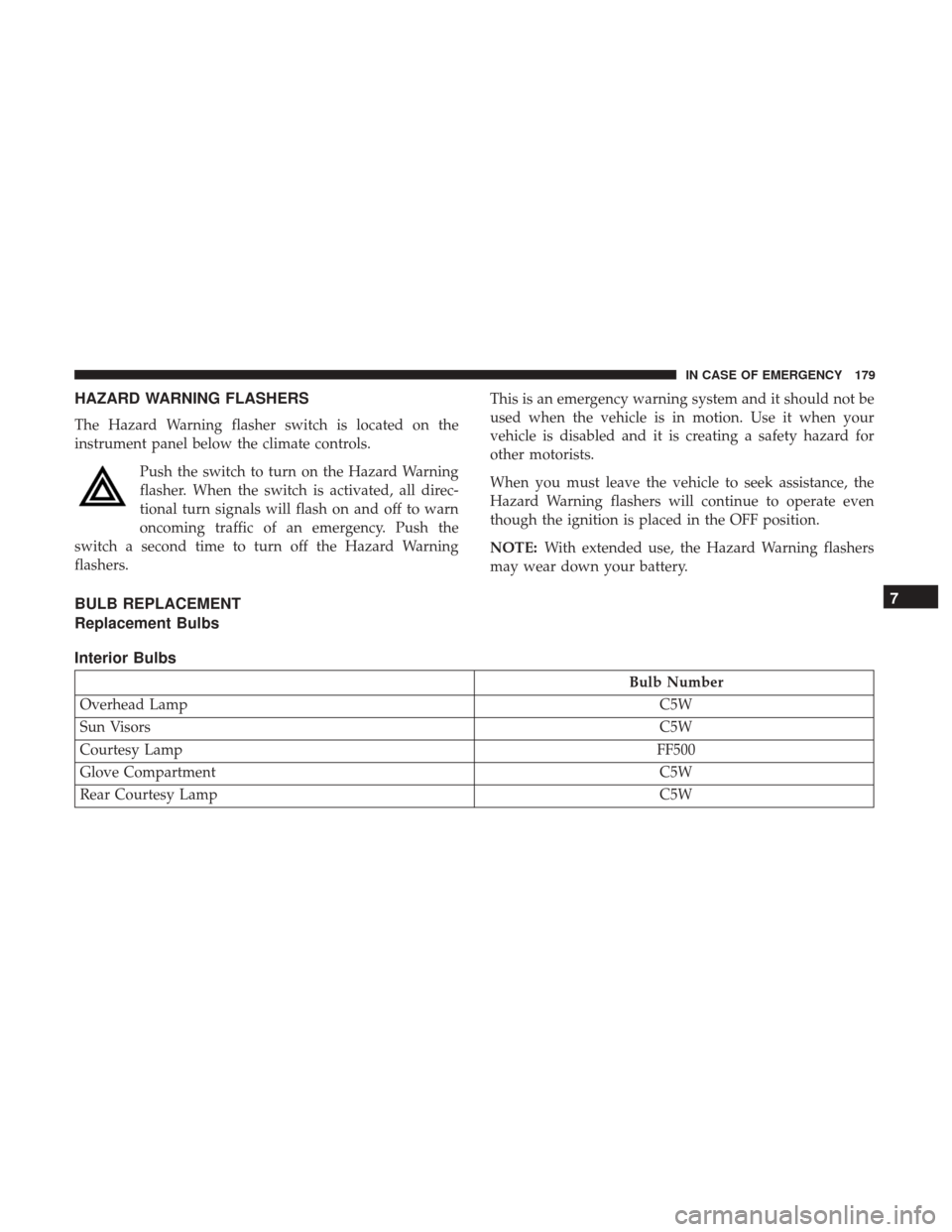 Ram ProMaster 2018 Owners Manual HAZARD WARNING FLASHERS
The Hazard Warning flasher switch is located on the
instrument panel below the climate controls.Push the switch to turn on the Hazard Warning
flasher. When the switch is activa Ram ProMaster 2018 Owners Manual HAZARD WARNING FLASHERS
The Hazard Warning flasher switch is located on the
instrument panel below the climate controls.Push the switch to turn on the Hazard Warning
flasher. When the switch is activa
