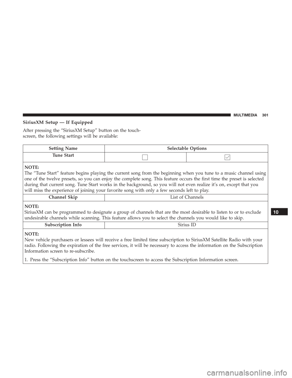 Ram ProMaster 2018 Owners Manual SiriusXM Setup — If Equipped
After pressing the “SiriusXM Setup” button on the touch-
screen, the following settings will be available:
Setting NameSelectable Options
Tune Start
NOTE:
The “Tun Ram ProMaster 2018 Owners Manual SiriusXM Setup — If Equipped
After pressing the “SiriusXM Setup” button on the touch-
screen, the following settings will be available:
Setting NameSelectable Options
Tune Start
NOTE:
The “Tun
